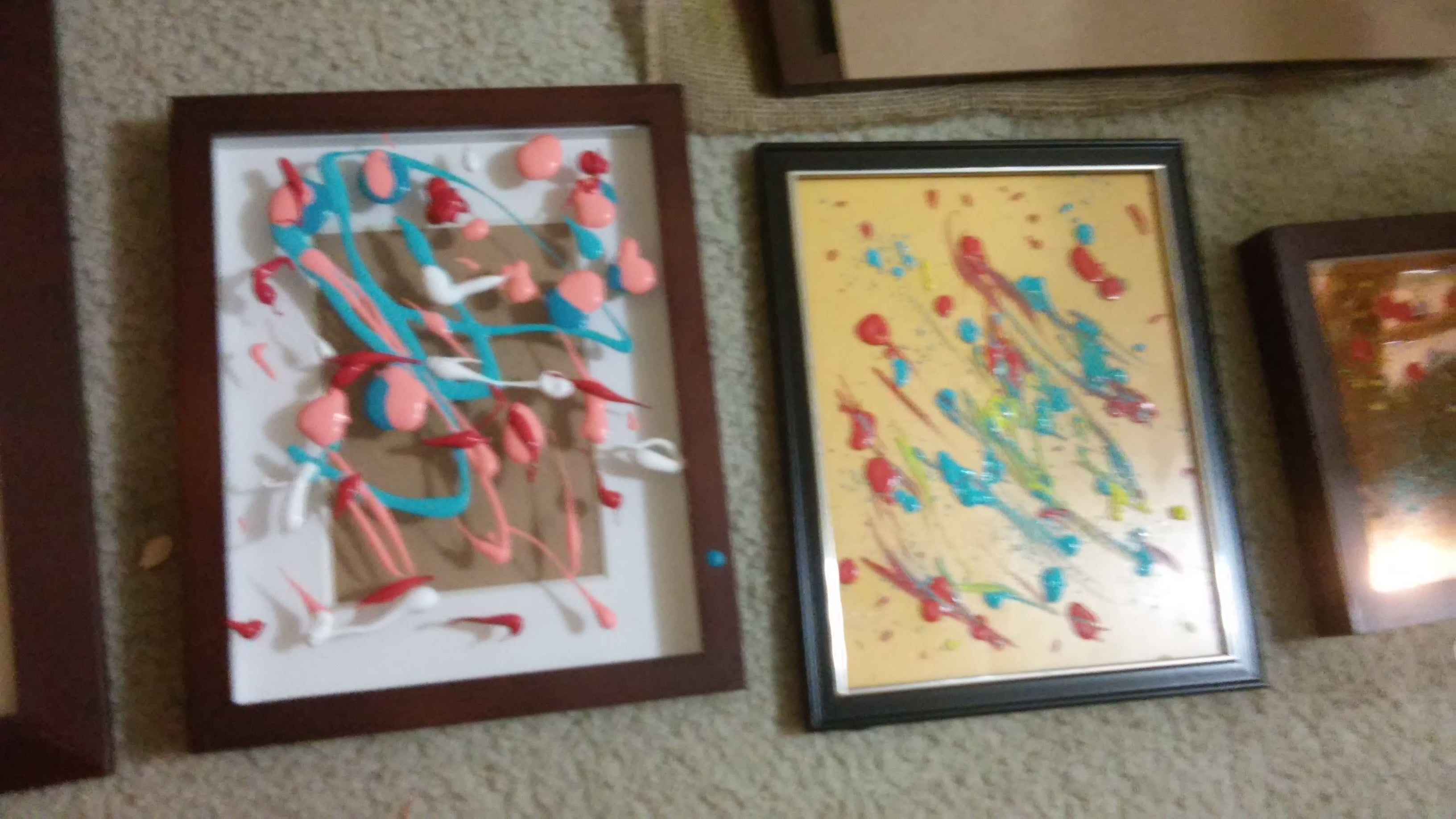 Splatter paintings glossy on matted, asstd.